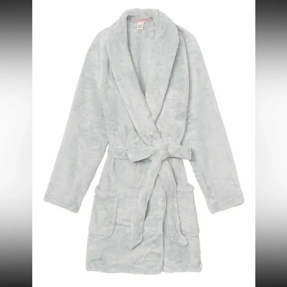 Victoria's Secret Cozy Plush Short Bath Robe Gray Blue - Picture 1 of 8